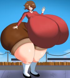 alternate_ass_size alternate_body_type alternate_breast_size art_trade ass ass_expansion ass_growth background big_ass big_breasts big_female blush breast_bigger_than_body breast_expansion breast_growth breasts breasts_bigger_than_body breasts_bigger_than_head breasts_bigger_than_torso breasts_out brown_hair brown_shorts closed_eyes colored expansion fluffy_hair glasses growth hourglass_expansion hourglass_figure huge_breasts hyper hyper_ass hyper_butt imstupid13 large_breasts larger_female looking_at_viewer marla_(jacegardener) mini_giantess oc red_shirt sequence shirt shoes short_hair shorts smile socks thick_thighs thighs_bigger_than_head thighs_bigger_than_torso uneven_growth wave waving_at_viewer wide_hips