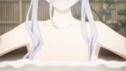 1girls animated anime_screenshot bags_under_eyes blue_eyes braid breasts collarbone date_a_live female french_braid grey_hair hair_between_eyes highres large_breasts looking_at_viewer murasame_reine nude outstretched_arms partially_submerged screencap shorter_than_10_seconds shorter_than_30_seconds sidelocks solo sound tagme upper_body video water