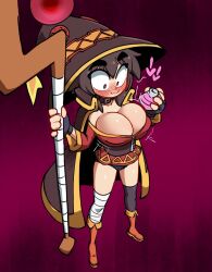 1girls alternate_breast_size blush breast_expansion breasts brown_hair cleavage female jellot kono_subarashii_sekai_ni_shukufuku_wo! large_breasts megumin potion red_eyes sole_female solo surprised thighhighs witch_hat