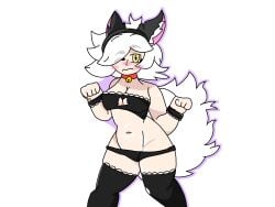 alex bell_collar cat_ears cat_lingerie cat_pose cat_tail eyebrows_visible_through_hair female necklace oc pookyelgato thick_thighs thigh_socks white_hair yellow_eyes