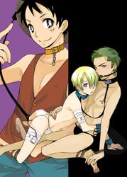 3boys anal_insertion anal_vibrator androgynous ass blonde_hair bondage collar femboy gag girly green_hair human leash male male_only malesub monkey_d_luffy multiple_males one_piece rope roronoa_zoro sanji scar soft trap vibrator vinsmoke_sanji wrists_to_ankles yaoi