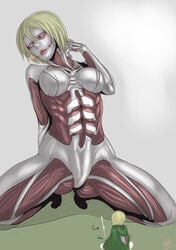 1boy 1girls annie_leonhardt armin_arlert attack_on_titan blonde_hair blue_eyes cum ejaculation female female_titan masturbation no_nipples shingeki_no_kyojin size_difference tagme