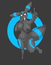 5_fingers ahe_gao anthro big_breasts black_body breasts eeveelution elzorrogomita female fingers foxgumie generation_2_pokemon genitals gesture hand_gesture hi_res looking_pleasured navel nintendo pokemon pokemon_(species) pussy shiny_pokemon solo tongue tongue_out umbreon v_sign