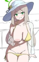 :d bikini blue_archive blue_hat blush breasts clothes_pull collarbone commentary cowboy_shot exposed_breasts female female_pubic_hair flower green_eyes green_halo halo hat hat_flower highres inverted_nipples large_breasts light_brown_hair long_hair long_sleeves looking_at_viewer navel nonomi_(blue_archive) pubic_hair rottenpizza see-through see-through_shirt shirt side-tie_bikini_bottom smile solo standing sun_hat swimsuit yellow_bikini yellow_flower
