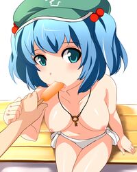 bikini blue_eyes blue_hair blush breasts female hair_bobbles hair_ornament hat highres key key_necklace looking_at_viewer mouth_hold navel necklace nipples nitori_kawashiro open_mouth popsicle sexually_suggestive short_hair side-tie_bikini swimsuit tied_hair topless touhou twintails yoshimo