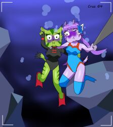 2girls carol_tea cruz64 drowning female freedom_planet furry furry_female galaxytrail puffy_cheeks sash_lilac selfie swimsuit underwater