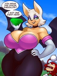 1boy 1girls anthro bat bat_humanoid bat_wings blazbaros breasts chaos_emerald cleavage collar echidna emerald english_text female female_focus furry gloves green_eyes hips knuckles_the_echidna large_breasts male red_body red_fur red_hair rouge_the_bat sega sonic_(series) sonic_the_hedgehog_(series) spandex text text_bubble thick_thighs thighs white_hair wings