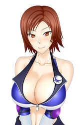 asuka_kazama blush breasts brown_eyes brown_hair do_konjouuo elbow_gloves elbow_pads female happy kazama_asuka large_breasts namco simple_background sleeveless smile smiling solo tekken unzipped white_background zipper