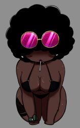 afro audra_(stormtm) bangs_over_eyes belly_button big_breasts black_hair blush blush_lines breasts brown_body cleavage cleavage_cutout dark-skinned_female dark_skin ear_piercing female lollipop stormtm sunglasses sunglasses_on_head swimsuits tagme tattoo tattoo_on_legs tattoo_on_thigh thick_thighs thighs wristband