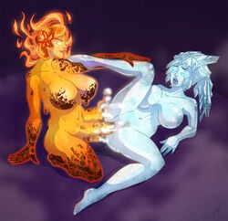 ariza big_penis blue_hair blue_skin breasts fire fucked_silly futa_on_female futanari hair huge_breasts ice intersex iris large_breasts nude orange_hair orange_skin penis pussy_juice steam vaginal_penetration water