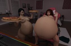 2girls 3d belly belly_expansion belly_inflation belly_stuffing big_belly big_breasts bloated bloated_belly breasts expansion feederism female food gamer_chair gamer_girl huge_belly inflation nipples obese obese_female overweight overweight_female pizza stuffed_belly stuffing thatonebluedevil