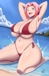 1girls adult_swim alternate_breast_size arms_behind_head arms_up barefoot beach big_breasts bikini bikini_top breasts female female_only green_eyes high_resolution huge_breasts kneeling large_breasts licking_lips long_hair looking_at_viewer naruto naruto_shippuden nightmare_hdraw nipples oppai outdoors pinup pose posing sakura_haruno sand seaside shoulder_length_hair side-tie_bikini side-tie_bikini_bottom solo solo_focus swimsuit thick_thighs thighs toonami top_heavy top_heavy_breasts very_high_resolution voluptuous water