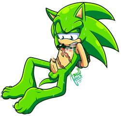 1boy amuzoreh anthro balls blue_eyes bondage bound green_body hedgehog male male_only nude open_mouth penis plain_background scar scourge_the_hedgehog sega solo sonic_(series) teeth white_background