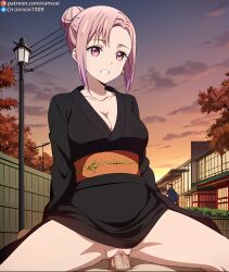 1boy 1girls ai_generated anime bondage clenched_teeth cowgirl_position female human kaguya-sama_wa_kokurasetai_~tensai-tachi_no_renai_zunousen~ kimono koyasu_tsubame large_breasts male pink_eyes pink_hair ranwai sex stable_diffusion vaginal_penetration vaginal_sex