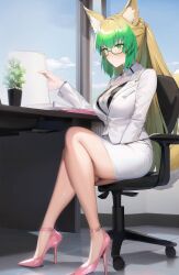 1girls ai_generated atalanta_(fate) blonde_hair braid breasts cat_ears cat_tail catgirl chair desk fate/grand_order fate_(series) glasses green_eyes green_hair high_heels holding_paper jacket large_breasts long_hair multicolored_hair office_chair office_desk office_lady papers pencil_skirt shirt sitting_on_chair skirt tgmaniger white_jacket white_shirt white_skirt window