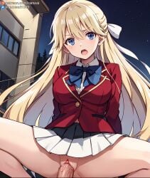 ai_generated anime blonde_hair blue_eyes classroom_of_the_elite cowgirl_position nanase_tsubasa penis ranwai sex stable_diffusion uniform vaginal_penetration vaginal_sex youkoso_jitsuryoku_shijou_shugi_no_kyoushitsu_e