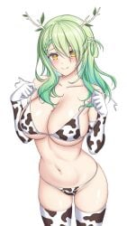 1girls 2d 2d_(artwork) alternate_costume antlers artist_request belly_button big_breasts bikini bikini_bottom bikini_top blush bra ceres_fauna cow_bikini cow_gloves cow_print cow_thighighs cowkini female female_focus female_only front_view gloves green_hair hair_over_one_eye high_resolution highres hololive hololive_english hololive_english_-council- hololive_english_-promise- horns hourglass_figure huge_breasts kotoritoriri light-skinned_female light_skin long_gloves long_hair looking_at_viewer mole mole_under_eye navel revealing_swimsuit simple_background slim_girl smiling smiling_at_viewer solo swimsuit thighhighs thong thong_bikini two_piece_swimsuit virtual_youtuber vtuber vtuberfanart white_background yellow_eyes young younger_female