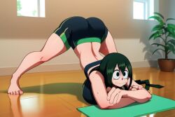 1girls ai_generated black_shorts booty exercise female green_hair gym_shorts jack-o_pose large_breasts large_eyes long_hair my_hero_academia solo sports_bra thick_ass top-down_bottom-up tsuyu_asui yoga_mat