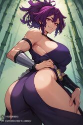 1girls 2024 ai_generated ass ass_focus bandage clothed detailed female female_focus female_only from_behind from_below hi_res illumaru japanese_clothes jigokuraku jungle kunoichi large_breasts looking_back medium_breasts outdoors patreon_username purple_eyes purple_hair revealing_clothes sideboob smile solo stable_diffusion thick_thighs voluptuous voluptuous_female yuzuriha_(jigokuraku)