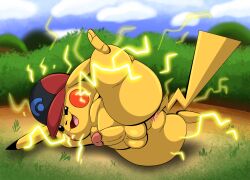 anus ash's_pikachu ass balls breakdancing clothing dancing electricity erection generation_1_pokemon genitals hat hat_only headgear headgear_only headwear headwear_only hi_res looking_at_viewer lying male mostly_nude nintendo penis pikachu pokemon pokemon_(species) raised_leg semi-anthro solo static_electricity tepigfan101