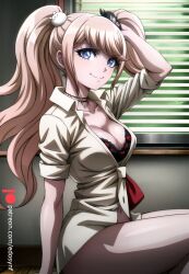 ai_generated arm_up bangs bear_hair_ornament black_bra black_choker blonde_hair blue_eyes bow bra breasts choker cleavage closed_mouth collarbone danganronpa danganronpa:_trigger_happy_havoc edosynf female hair_ornament hand_on_own_head highres indoors junko_enoshima large_breasts long_hair looking_at_viewer medium_breasts nail_polish necktie no_pants pink_hair red_bow red_bra self_upload shiny shirt short_sleeves sitting sleeves_rolled_up smile solo thighs twintails underwear white_shirt window