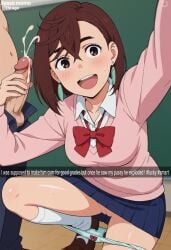 ai_generated ayase_momo caption cum cumming_penis dandadan handjob panties panties_down sailor_mercury school_uniform selfie skirt skirt_lift smiling snapchat text text_bubble