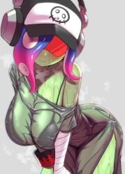 2025 acht_(splatoon) bandage big_breasts black_bra blush bra bra_visible_through_clothes bracelet breasts breasts_visible_through_clothing cap cleavage dedf1sh dj dress excessive_sweat flustered green_skin headgear headwear huge_breasts large_breasts leaning leaning_forward multicolored_hair nobunagapero octoling png sanitized_(splatoon) sanitized_octoling shades simple_background splatoon splatoon_3 splatoon_3:_side_order sweat sweatdrop sweating tentacle tentacle_hair transparent_clothing wet_clothes wet_clothing wet_dress