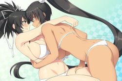 2girls ass asuka_(senran_kagura) bikini black_eyes black_hair breasts brown_eyes female female/female female_only female_with_female girls girls_only hair_ribbon halter_bikini homura_(senran_kagura) hug large_breasts large_breasts_lesbian lesbian lindaroze marvelous matching_outfit midriff navel ponytail senran_kagura swimsuit underboob white_bikini white_swimsuit yuri