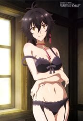 arms_under_breasts bare_arms bare_belly bare_shoulders belly_button black_hair black_underwear bra breast_hold breasts cleavage earrings garter_straps isekai_cheat_magician jewelry lingerie medium_breasts megami_magazine mouth_closed official_art panties remia_(isekai_cheat_magician) shiny_skin short_hair smile thighs underwear yellow_eyes