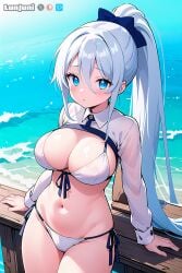 1girls ai_generated aqua_eyes beach bikini blush cute eyebrows_visible_through_hair female female_only front_view hair_between_eyes highres huge_breasts light-skinned_female light_skin looking_at_viewer lunjuni outdoors partially_clothed ponytail ribbon solo stable_diffusion standing sylpha_langlis tagme tensei_shitara_dai_nana_ouji_dattanode,_kimamani_majutsu_o_kiwamemasu thick_thighs voluptuous voluptuous_female watermark white_bikini white_hair