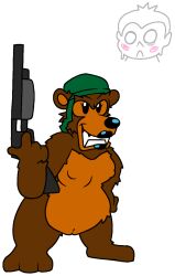 army_helmet bear bear_in_the_big_blue_house big_brown_barry black_lipstick brown_fur exposed_breasts exposed_pussy first_porn_of_character geetoonic newgrounds pico's_school pico_(newgrounds) rule_63 shotgun simple_coloring