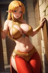 1female 1girls ai_generated belly belly_button belly_dancer belly_dancer_outfit bimbo bimbofication blonde_hair blue_eyes blush dracovik elf elf_ears elf_female female female_only frosting.ai gender_bender gender_transformation genderbend genderswap_(mtf) harem harem_girl harem_outfit huge_breasts link link_(breath_of_the_wild) rule_63 slave slave_bikini slave_collar slave_outfit sweat sweating the_legend_of_zelda thick thick_thighs transformation wide_hips