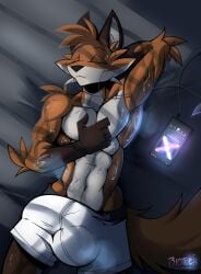 abs absurd_res anthro big_bulge big_penis bodily_fluids bulge canid canine closed_eyes dave_(phosphoruscrow) electronics fox genitals headphones hi_res huge_bulge l-tech-e-coyote-l listening_to_music male mammal muscular muscular_male penis phone phosphoruscrow relaxing solo sweat sweatdrop tail