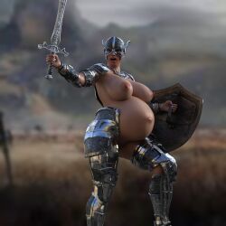 1girls 3d armor armored_female belly big_belly big_breasts breasts breedingduties female helmet knight nipples pregnant pussy shield solo sword