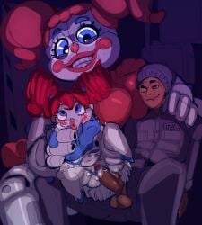 1boy 2girls 2girls1boy animatronic baby_(fnafsl) beanie beanie_hat bigger_female blue_dress blue_eyes blue_heels blush breasts brown_eyes circus_baby circus_baby_(fnaf) circus_baby_(original) climax clothed clothed_sex cum cum_in_pussy cum_inside dark-skinned_male doll dress eyelashes five_nights_at_freddy's five_nights_at_freddy's:_sister_location gnausea gnauseating hearts_in_eyes heels lips lipstick monster monster_girl nightmare_waifu one_eye_closed open_mouth penetration penis poppy_(poppy_playtime) poppy_playtime red_hair rosy_cheeks security_guard shortstack smaller_female smile smiling sweat sweatdrop sweating thick_thighs thighs twintails vagina vaginal_penetration white_body