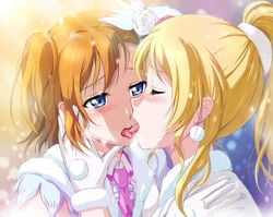 ayase_eli blonde_hair blue_eyes blush female female_only human kissing kousaka_honoka love_live! love_live!_school_idol_project multiple_females multiple_girls red_hair tongue yuri zundare