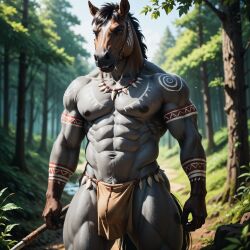 ai_generated anthro bottomwear bulge clothing director_homer_26 equid equine forest furry furry_male furry_only hi_res horse loincloth male male_focus male_only mammal markings muscular muscular_anthro muscular_male muscular_thighs plant solo tattoo tree tribal tribal_markings tribal_tattoo weapon