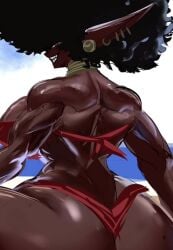 afro bahaal_(jinn_hunter) beach bikini dark-skinned_female daylight female_only jinn_hunter large_ass large_breasts muscular_female pointed_ears purple_hair red_bikini teeth venommoe