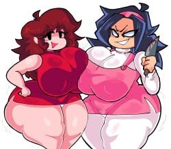 2girls :d auburn_hair axoarts black_hair breast_to_breast breasts clothed collaboration dork_boi female female_only friday_night_funkin girlfriend_(friday_night_funkin) huge_ass huge_breasts lewd_dorky nene_(newgrounds) nipples_visible_through_clothing no_bra pantyshot revealing_clothes sideass tagme teasing thick_thighs underass wide_hips