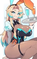 1girls aqua_eyes big_breasts blonde_hair blue_highlights bodysuit brown_bodysuit bunny_ears bunnysuit commission drinking_glass female female_only hi_res j5daigada legband long_hair looking_at_viewer neck_ribbon sitting smiling smiling_at_viewer solo thick_thighs tray