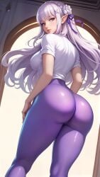 ai_generated ass ass ass_focus big_ass big_butt breasts emilia_(re:zero) from_behind from_below leggings looking_back re:zero_kara_hajimeru_isekai_seikatsu round_ass round_butt shirt simple_background sky4maleja thick_ass thick_butt thick_thighs