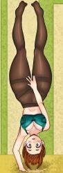 1girls big_breasts blush bra breasts brown_eyes brown_hair female handstand large_breasts leggings my_hero_academia ochako_uraraka pantyhose sakkaku_gavrii solo solo_female upside-down