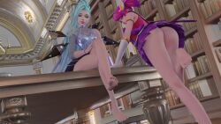 2girls 3d ass barefoot bent_over_table blender blue_eyes blue_hair feet k/da_all_out_series league_of_legends leaning_forward leaning_on_table leg_up legs long_hair looking_at_viewer magical_girl pink_eyes pink_hair seraphine_(league_of_legends) sitting sitting_on_table tira-misu