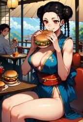 2024 ai_generated black_hair clothed_female clothing eating eating_burger female light-skinned_female light_skin nai_diffusion pai_chan sega sitting stable_diffusion twin_braids twin_buns video_game_character video_games virtua_fighter virtua_fighter_5