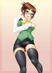 akizuki_ritsuko ayato black_legwear brown_eyes brown_hair d: female glasses highres idolmaster miniskirt no_panties office_lady open_mouth otonashi_kotori_(cosplay) pubic_hair pussy skirt tagme thighhighs