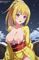 ai_generated anime blonde_hair bondage breasts_out classroom_of_the_elite karuizawa_kei kimono lactation purple_eyes ranwai stable_diffusion youkoso_jitsuryoku_shijou_shugi_no_kyoushitsu_e