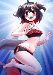 1girls 2d 2d_(artwork) akami_chiyo alternate_costume animal_tail belly_button bikini bikini_bottom bikini_top black_hair black_swimsuit blush doctorzexxck female female_focus female_only fish_tail latam_virtual_youtuber light-skinned_female light_skin looking_at_viewer navel petite petite_body petite_female pigtails piranha_girl red_eyes red_hair short_hair slim_girl small_breasts smiling smiling_at_viewer solo solo_female solo_focus standing summer swimsuit two_piece_swimsuit two_tone_hair virtual_youtuber vtuber vtuberfanart young younger_female yume_girls!