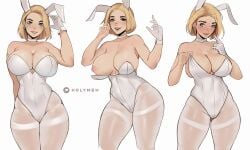 1girls 2d 2d_(artwork) areolae blonde_hair blue_eyes blush breasts bunny_ears bunnysuit choker earrings female female_focus female_only gloves holymeh large_breasts laura_(holymeh) looking_at_viewer nipples pantyhose simple_background smile solo solo_female solo_focus tattoo wide_hips