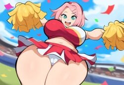 1girls ai_generated cameltoe cheerleader cheerleader_uniform curvaceous female female_only large_breasts mullon naruto naruto_(series) naruto_shippuden novelai panties pink_hair pom_poms public sakura_haruno solo stadium stadium_background thick_thighs