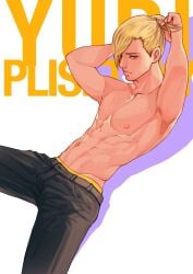 abs black_pants blonde_hair blue_eyes happy_trail male male_only maorenc solo solo_male tying_hair underwear_band yuri!!!_on_ice yuri_plisetsky